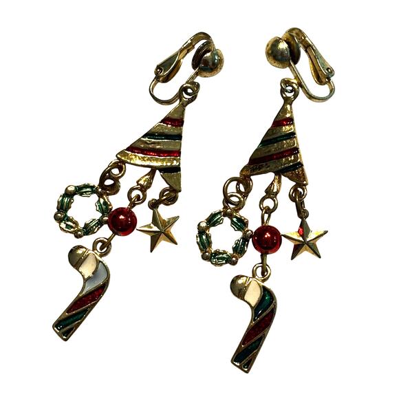 Christmas holiday theme clip on earrings drop & dangle gold multicolor novelty - Picture 5 of 7